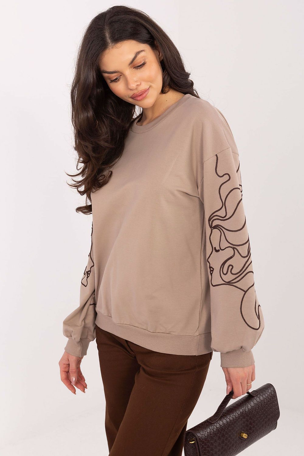 Women's Sweatshirt Crew Neck Embroidered Sleeves Cotton Blend – Sweatshirt | GUOCALI – view 4