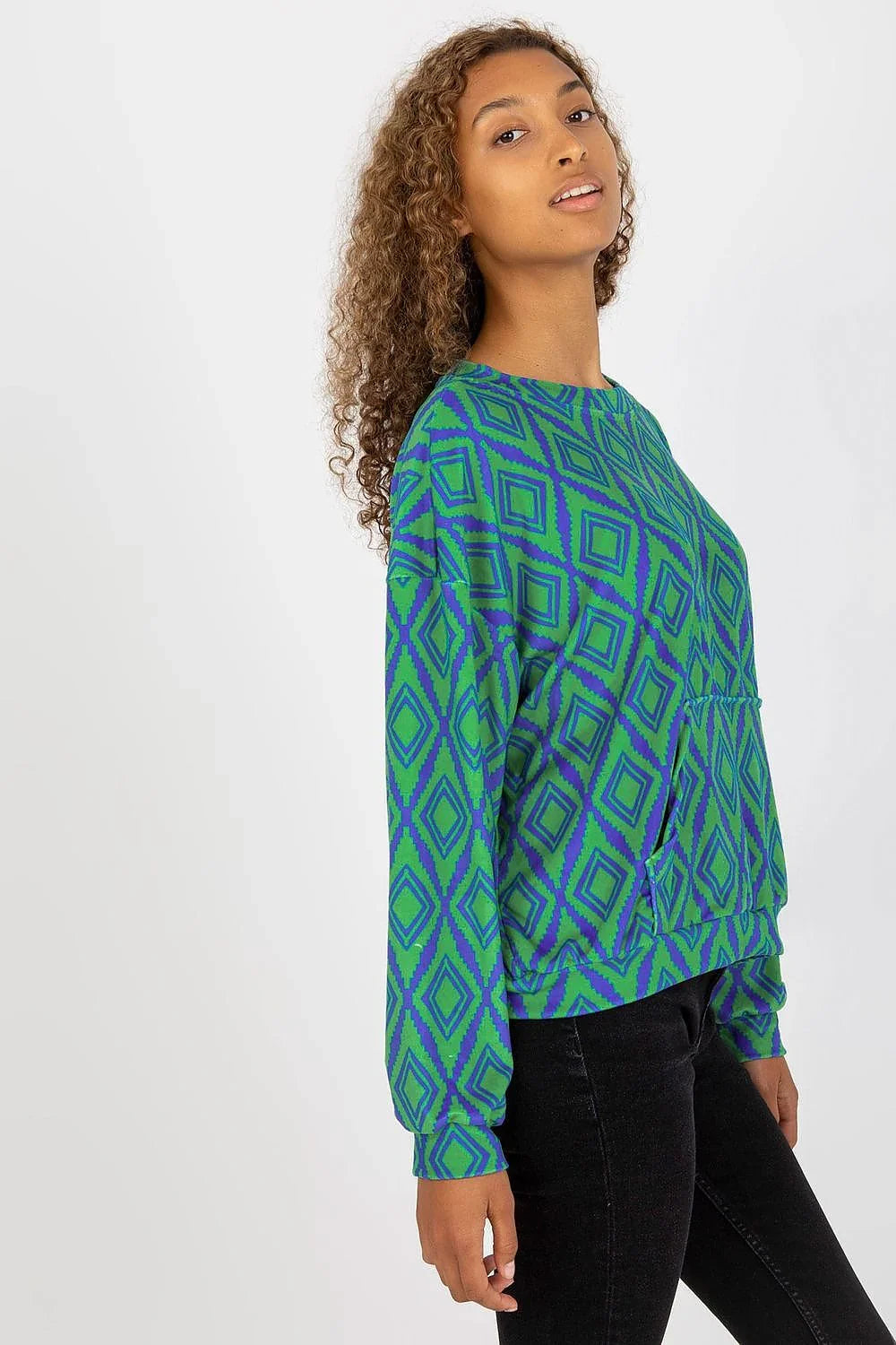 Women's sweatshirt Crew Neck Geometric Kangaroo Pocket Green – view 2