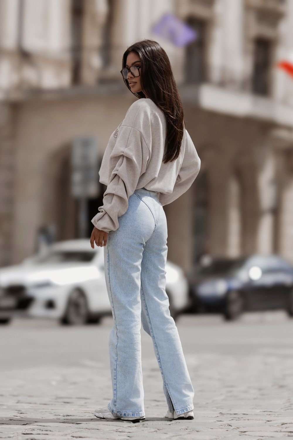 Women's sweatshirt beige stretch cotton casual view