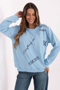 Women's sweatshirt blue embroidered lettering front view
