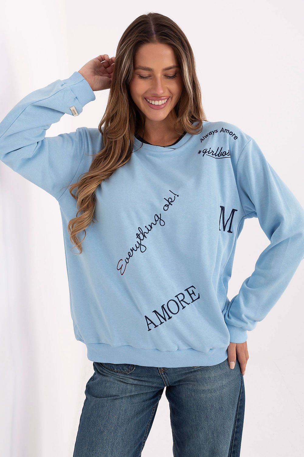 Women's sweatshirt blue embroidered lettering front view