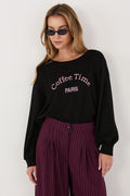 Women's Sweatshirt Embroidered Lettering Puff Sleeve Black – Sweatshirt | GUOCALI