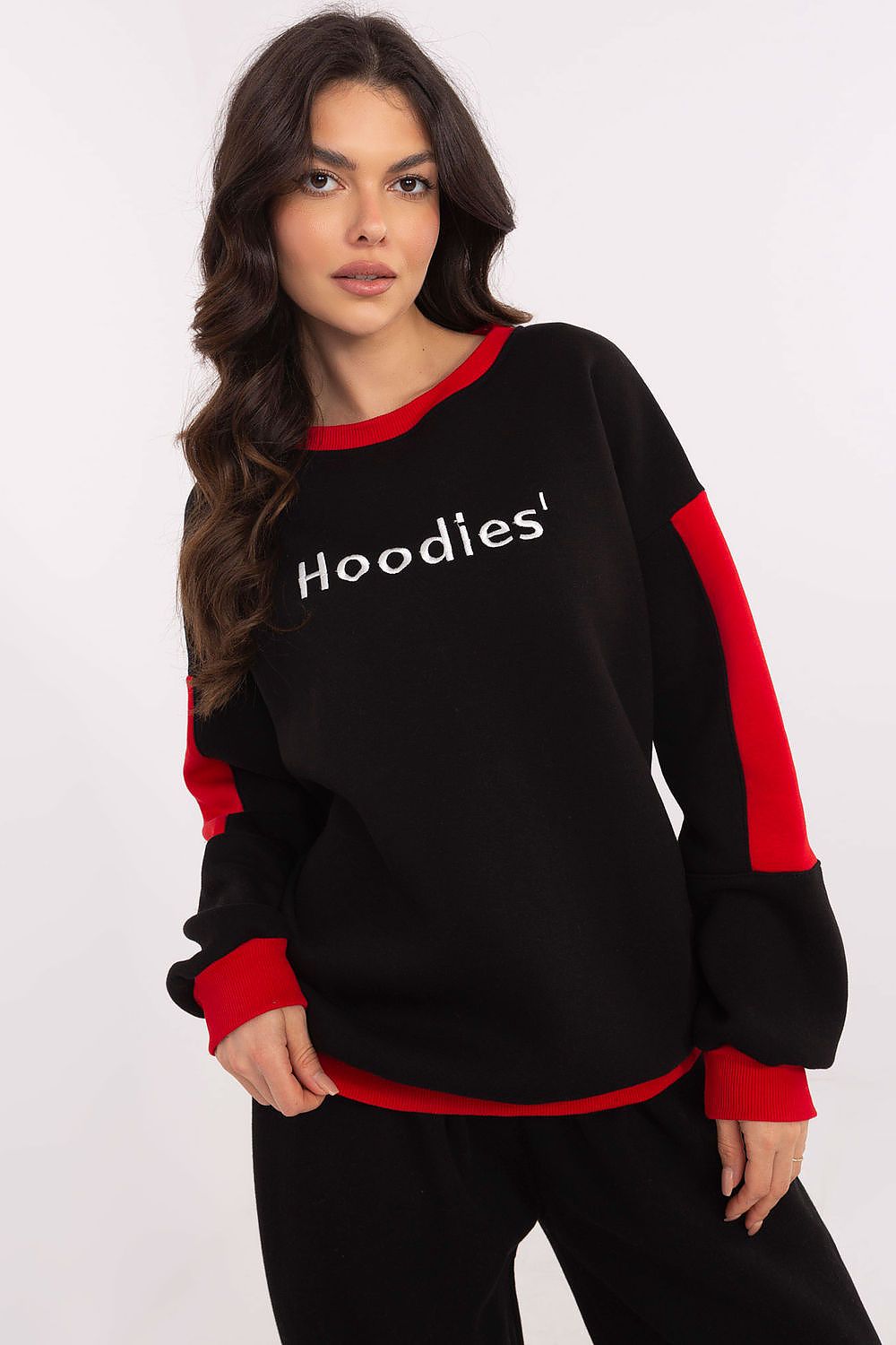 Women's sweatshirt black crew neck embroidered patches front view