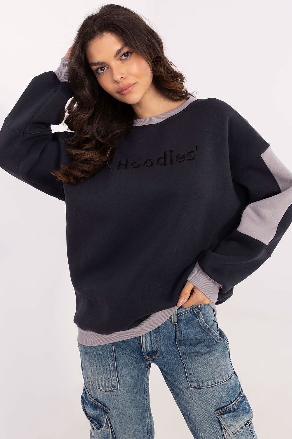 Women's sweatshirt navy crew neck embroidered patches front view