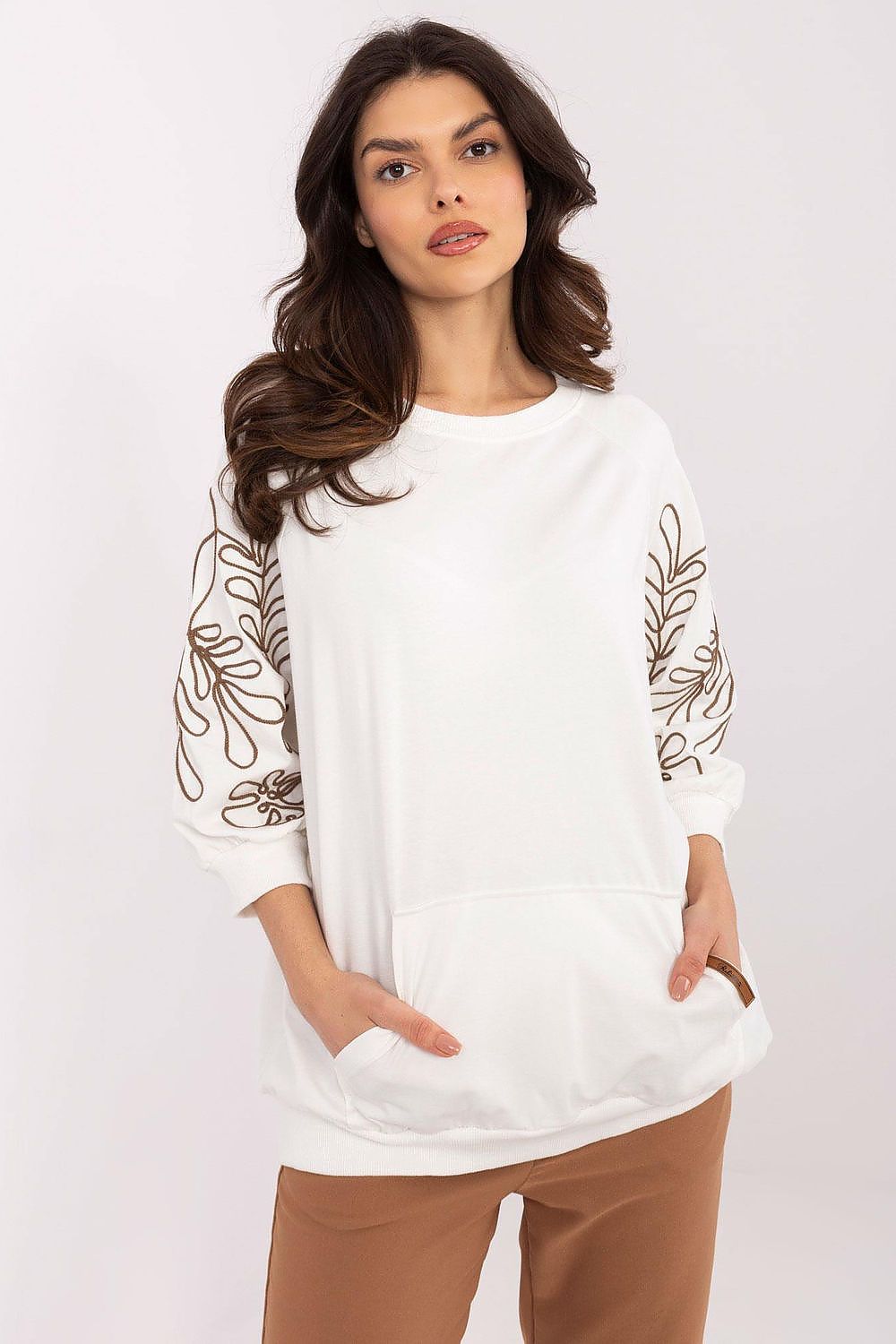 Women's Sweatshirt Embroidered Sleeve Kangaroo Pocket Stretch Cotton – Sweatshirt | GUOCALI