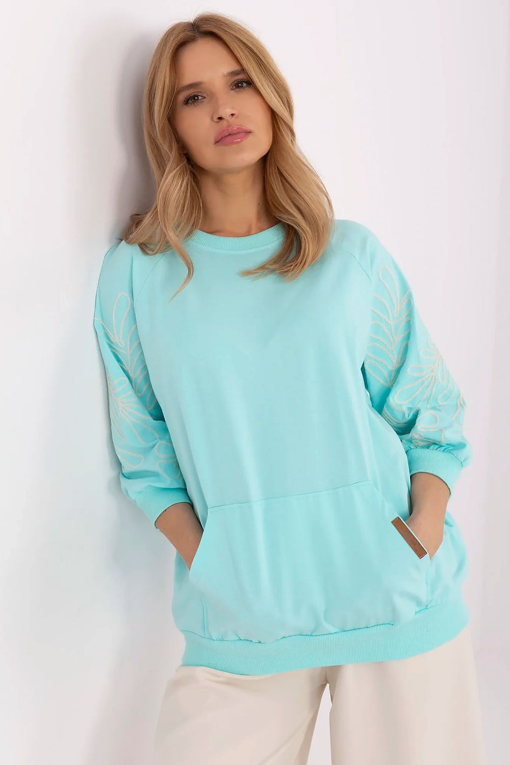 Women's Sweatshirt Embroidered Sleeve Kangaroo Pocket Stretch Cotton – Sweatshirt | GUOCALI – view 11