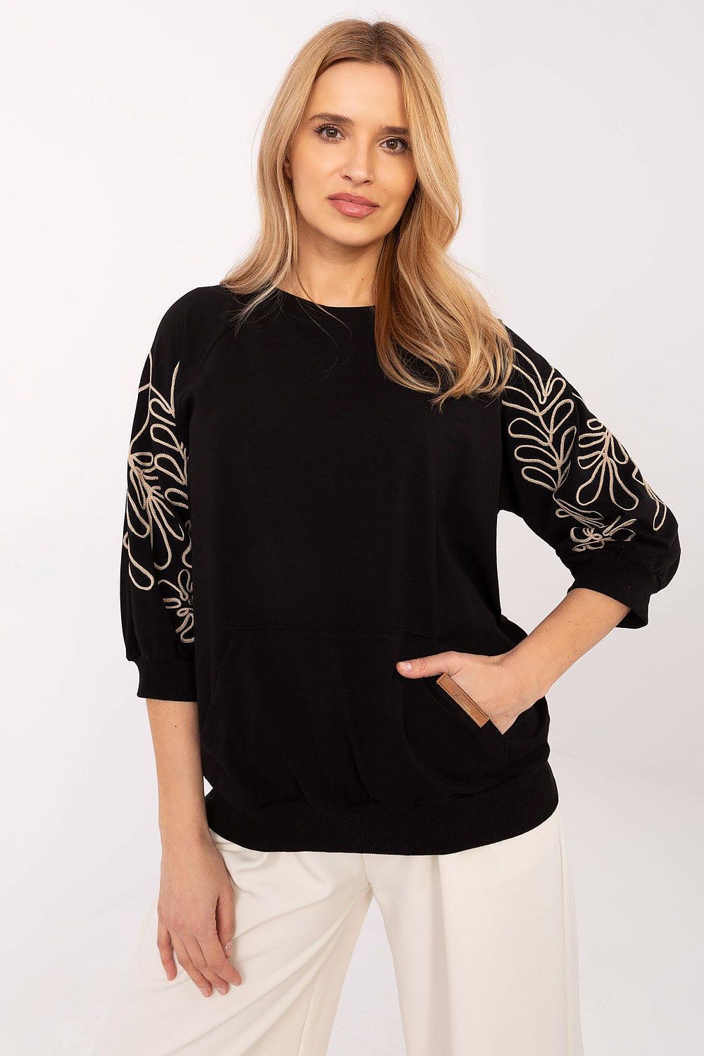 Women's Sweatshirt Embroidered Sleeve Kangaroo Pocket Stretch Cotton – Sweatshirt | GUOCALI – view 14