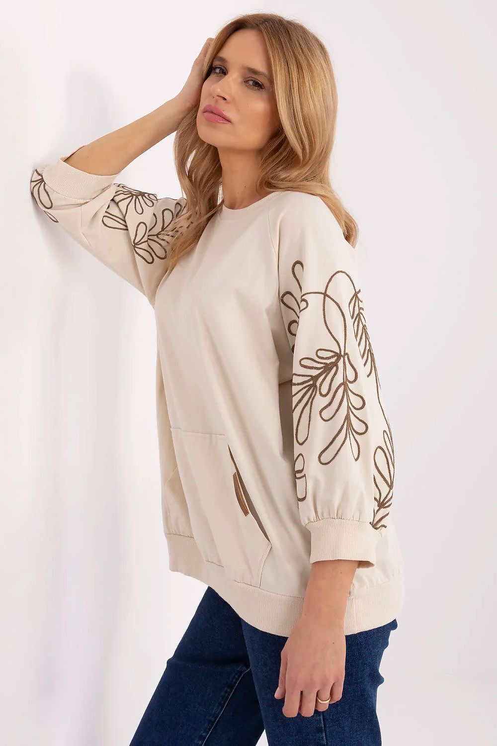 Women's Sweatshirt Embroidered Sleeve Kangaroo Pocket Stretch Cotton – Sweatshirt | GUOCALI – view 19