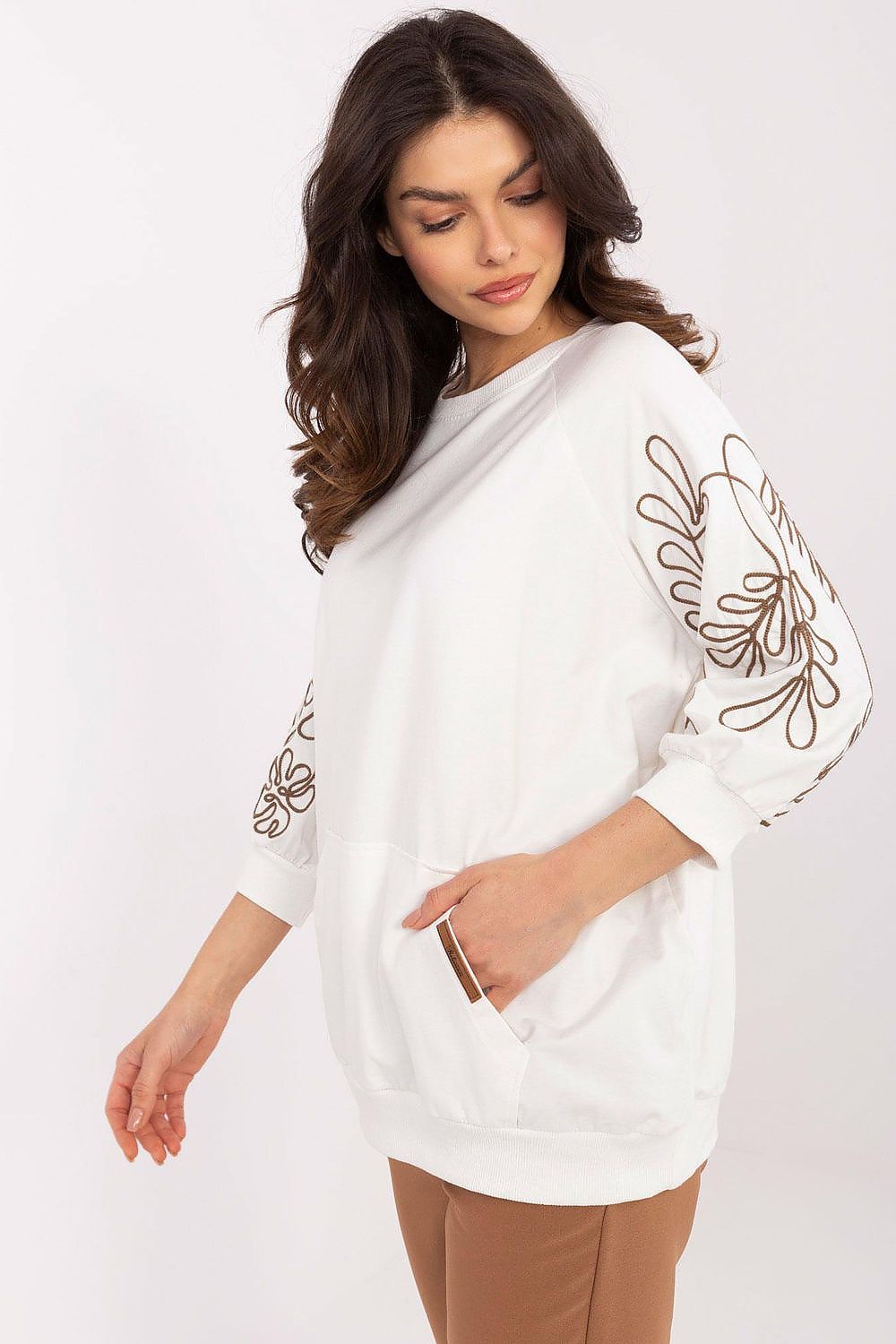 Women's Sweatshirt Embroidered Sleeve Kangaroo Pocket Stretch Cotton – Sweatshirt | GUOCALI – view 2