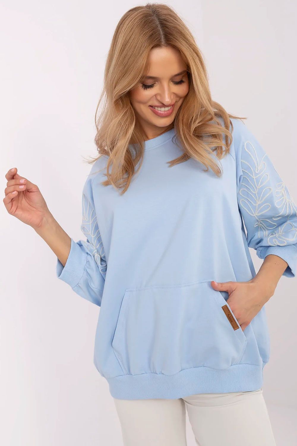 Women's Sweatshirt Embroidered Sleeve Kangaroo Pocket Stretch Cotton – Sweatshirt | GUOCALI – view 5