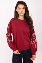 Women's sweatshirt red crew neck embroidered sleeves front view
