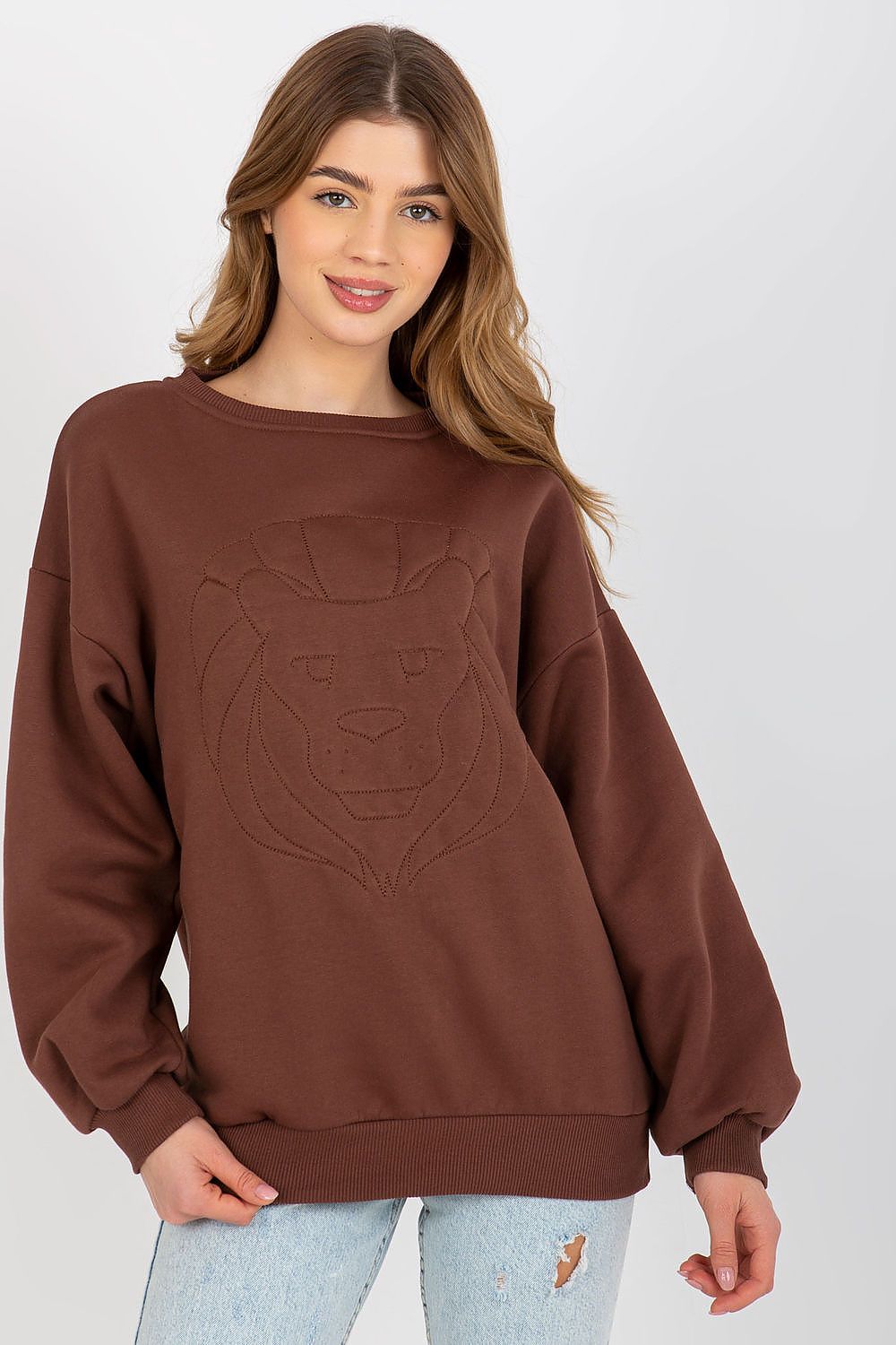 Women's sweatshirt brown crew neck front embroidery view