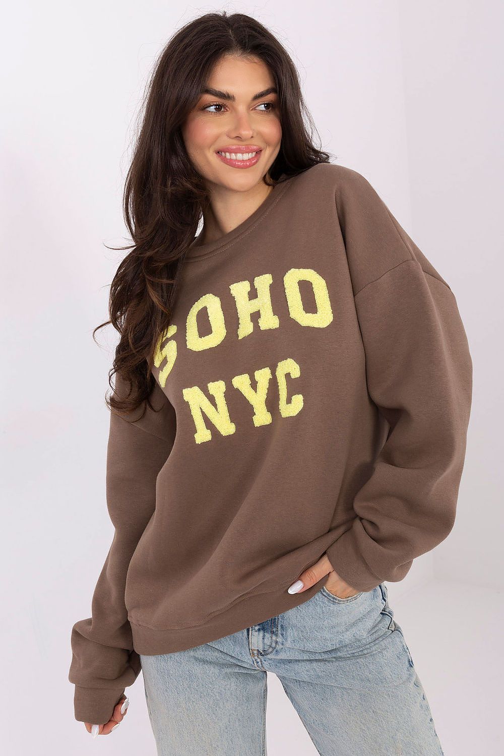 Women's sweatshirt beige front inscription crew neck view