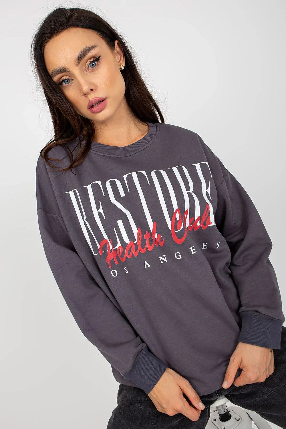 Women's sweatshirt Graphic Crew Neck Regular Fit Cotton Grey – main view