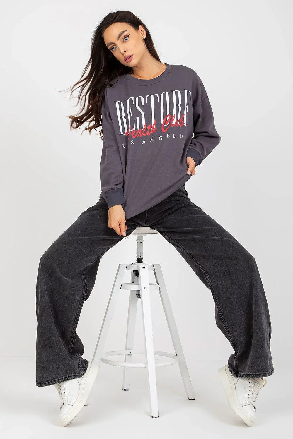 Women's sweatshirt Graphic Crew Neck Regular Fit Cotton Grey – view 2