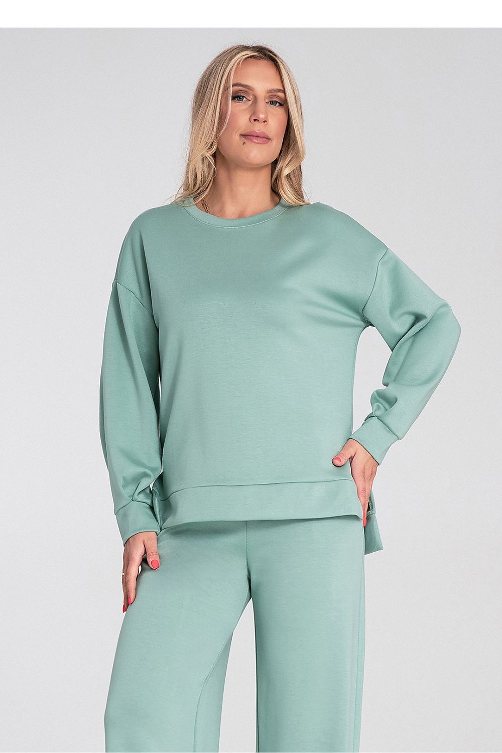 Women's sweatshirt green high-low hem with side slits front view
