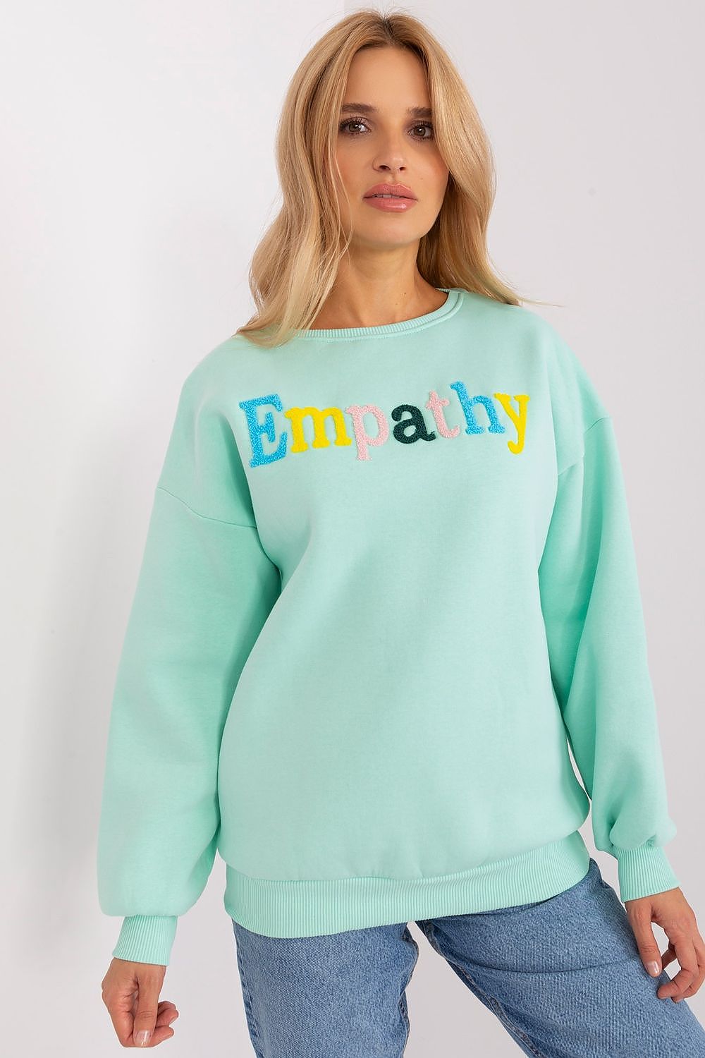 Women's sweatshirt green crew neck letter print front view