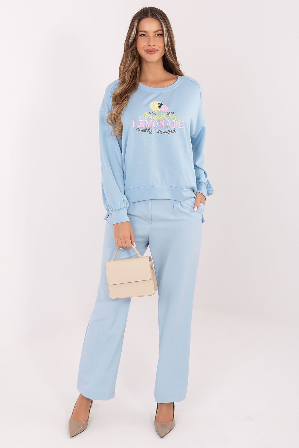 Women's sweatshirt blue round neck side view