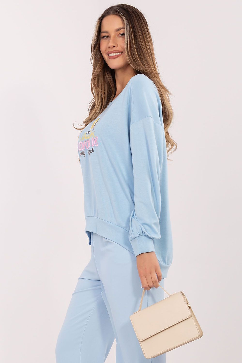 Women's sweatshirt blue graphic detail view