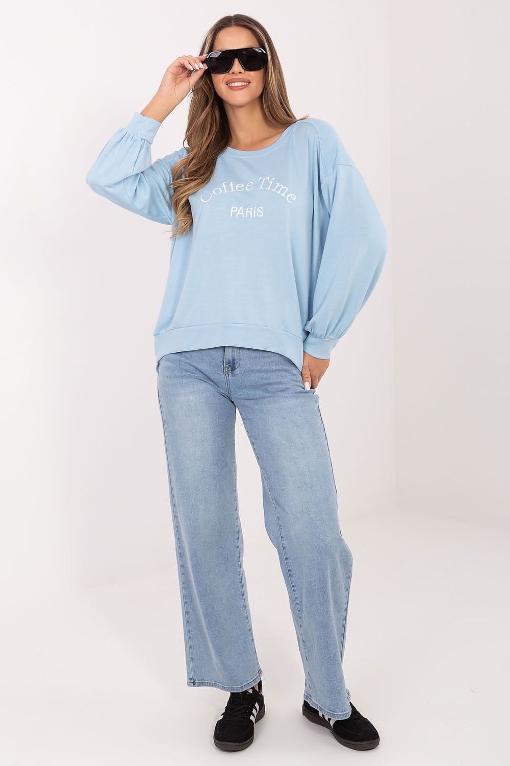 Women's sweatshirt blue round neck side view