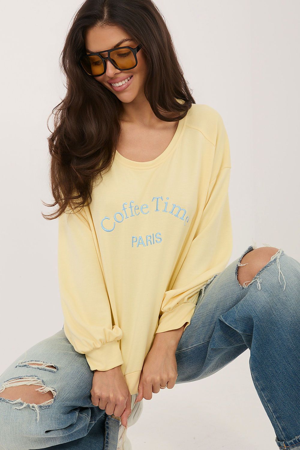 Women's sweatshirt yellow round neck side view