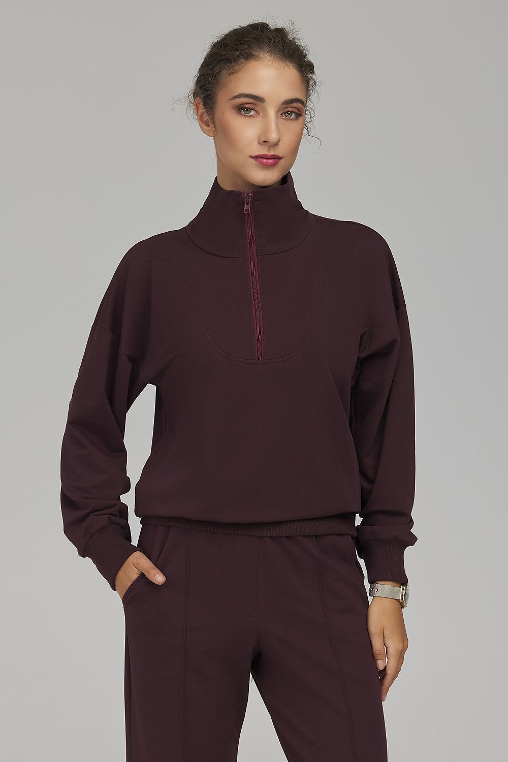Women's sweatshirt mock neck half-zip cotton blend long sleeves