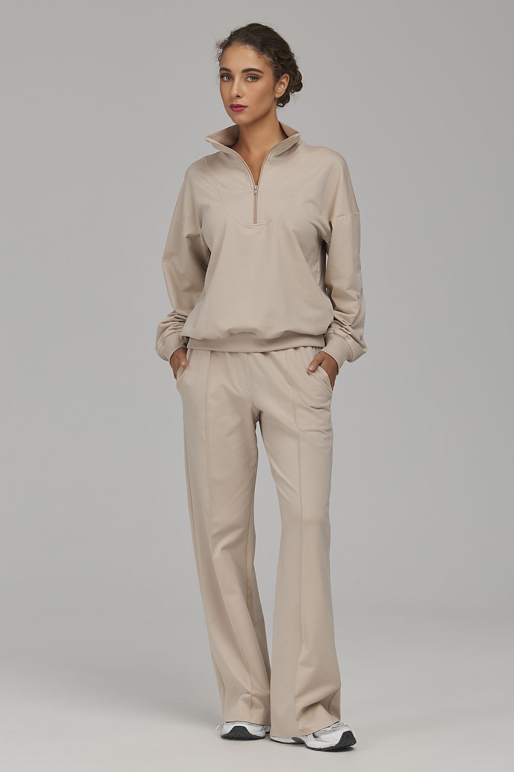 Women's sweatshirt ribbed cuffs hem long sleeves cotton blend