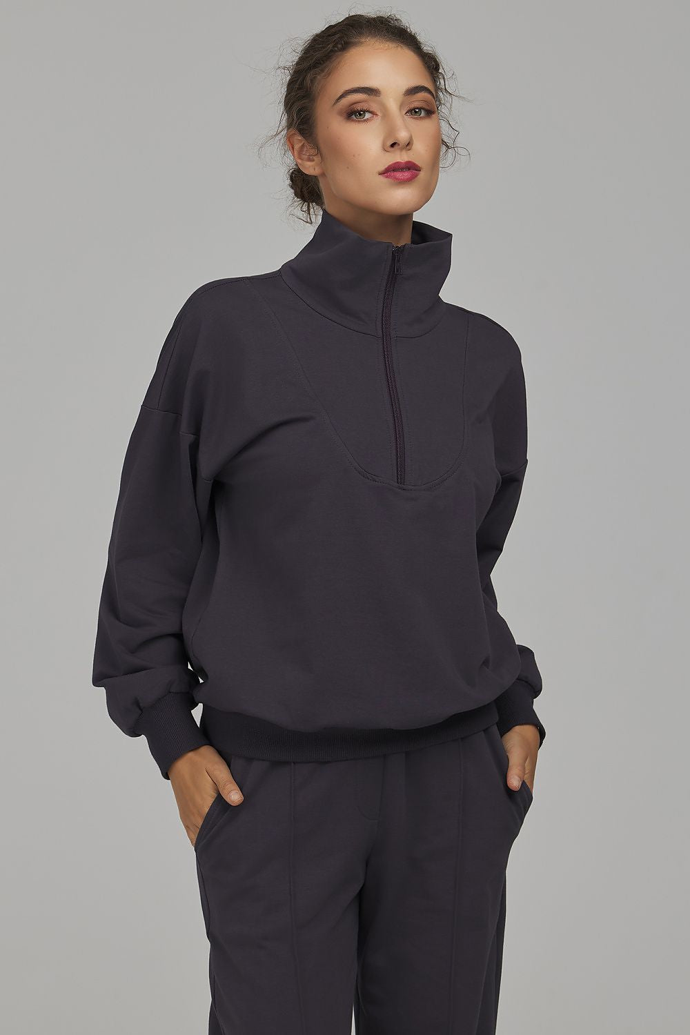 Women's sweatshirt half-zip ribbed cotton blend by GUOCALI