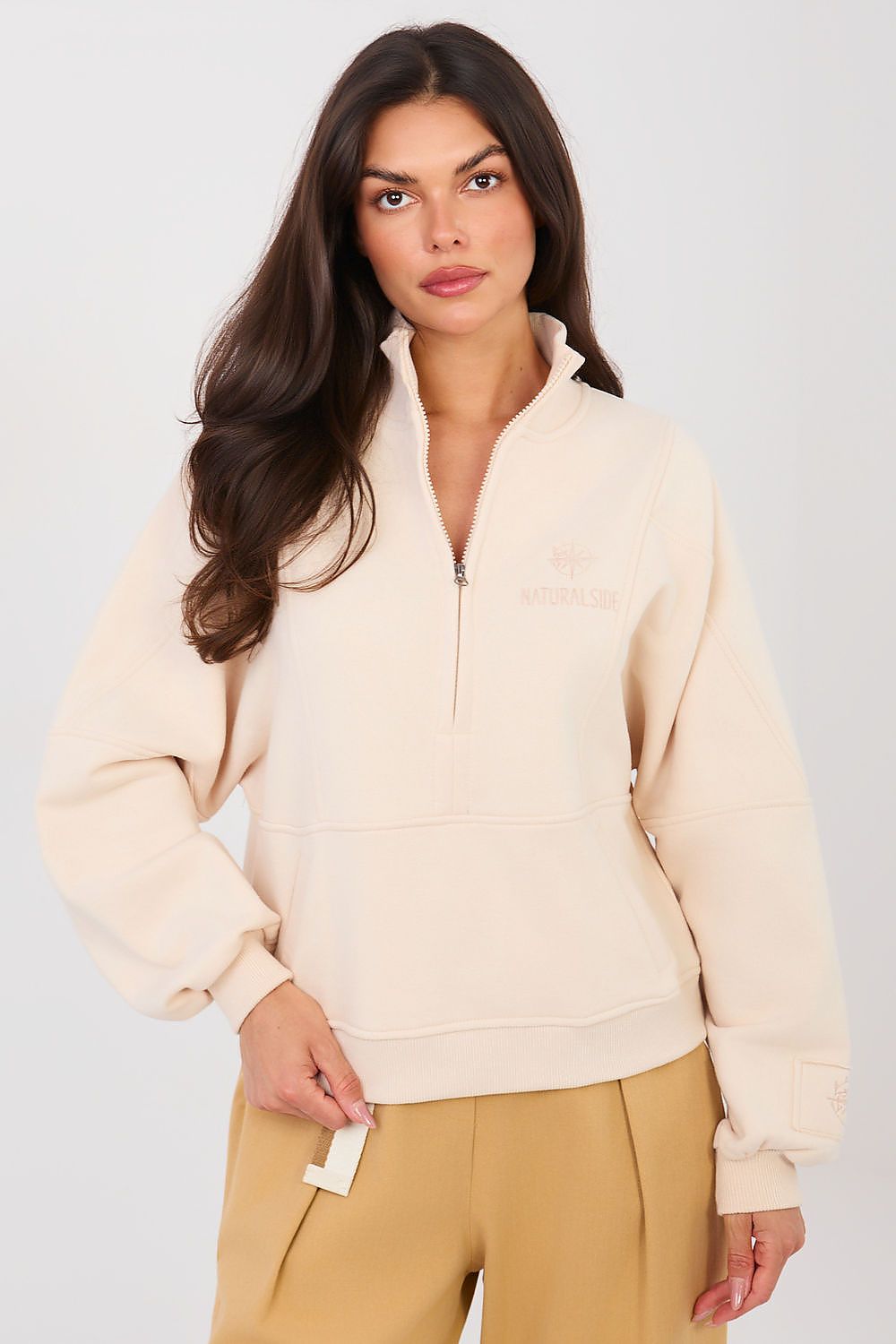 Women's sweatshirt beige mock neck half-zip front view