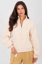 Women's sweatshirt beige mock neck half-zip front view