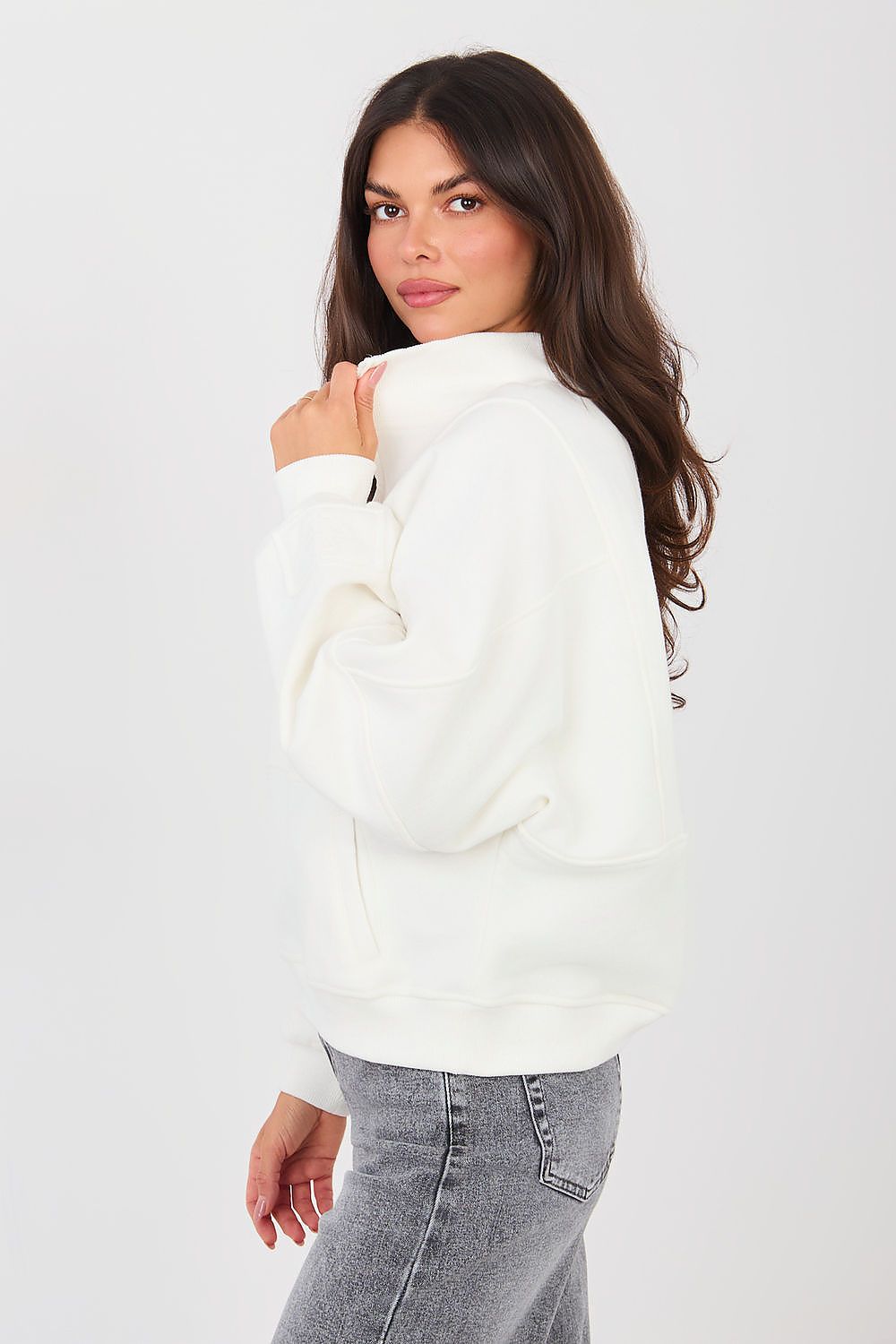 Women's sweatshirt beige alternate shade half-zip front view