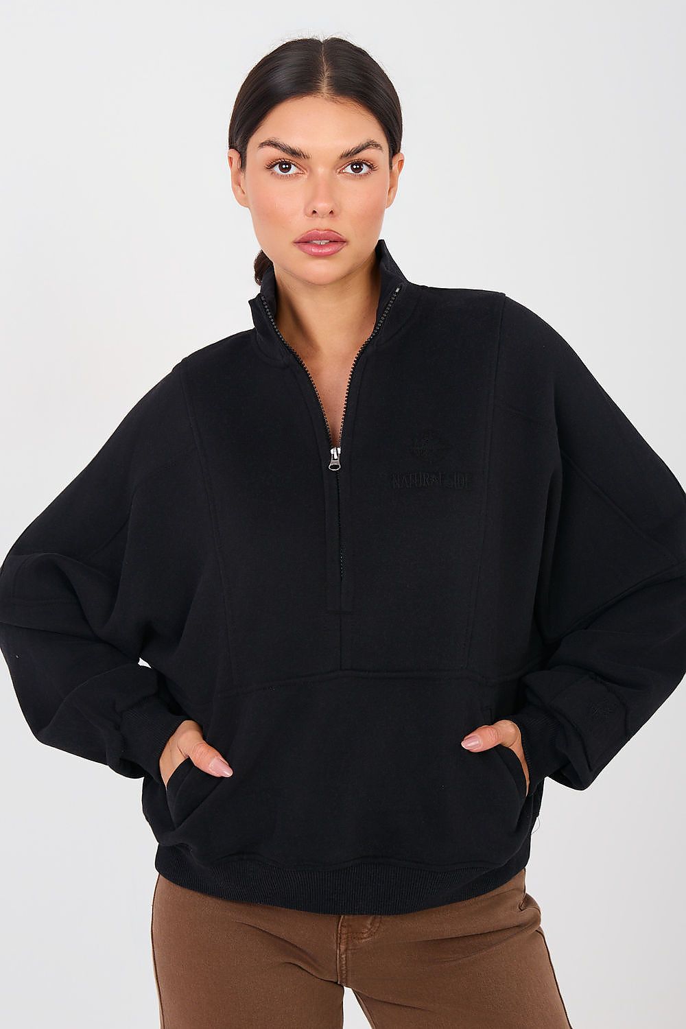 Women's sweatshirt black mock neck half-zip front view