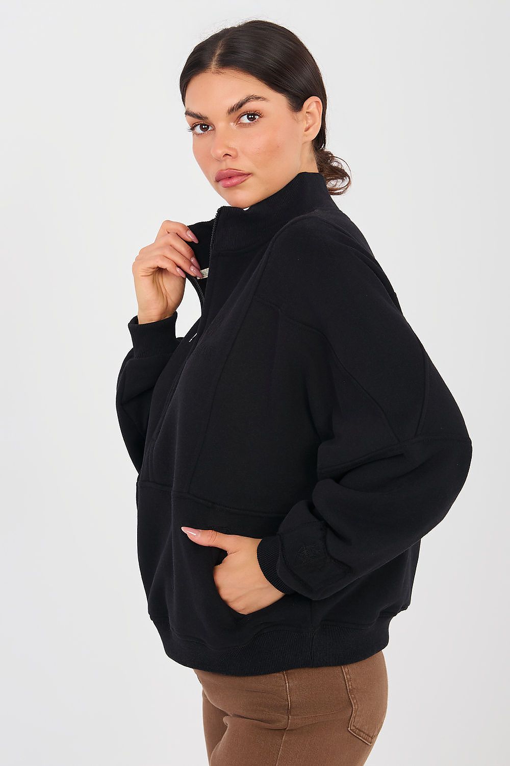 Women's sweatshirt black chest embroidery detail view
