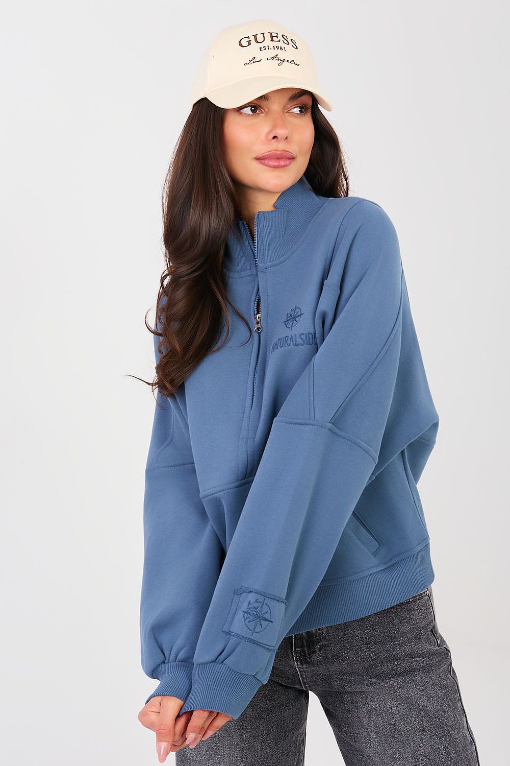 Women's sweatshirt blue mock neck half-zip front view