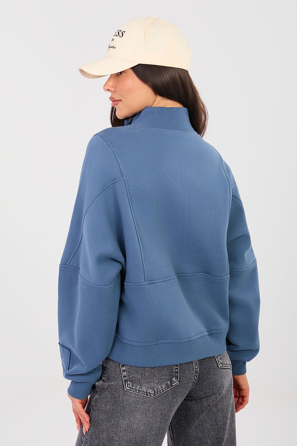 Women's sweatshirt blue zipper and pocket detail view