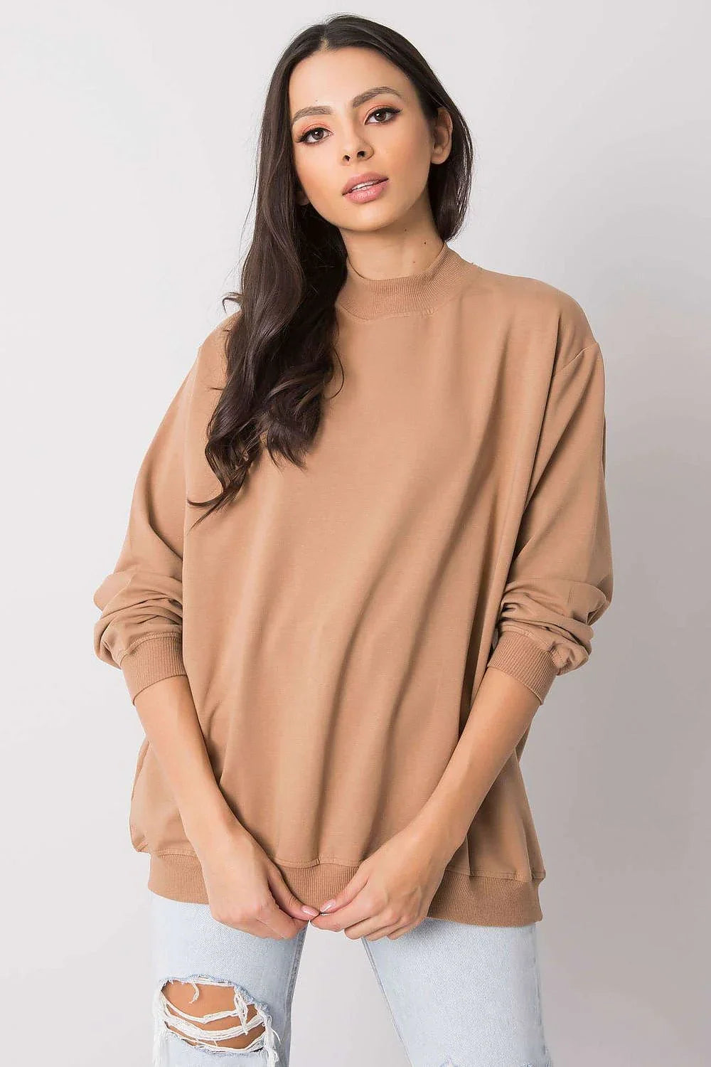 Women's sweatshirt Mock Neck Solid Hip Length Stretch Cotton – view 12
