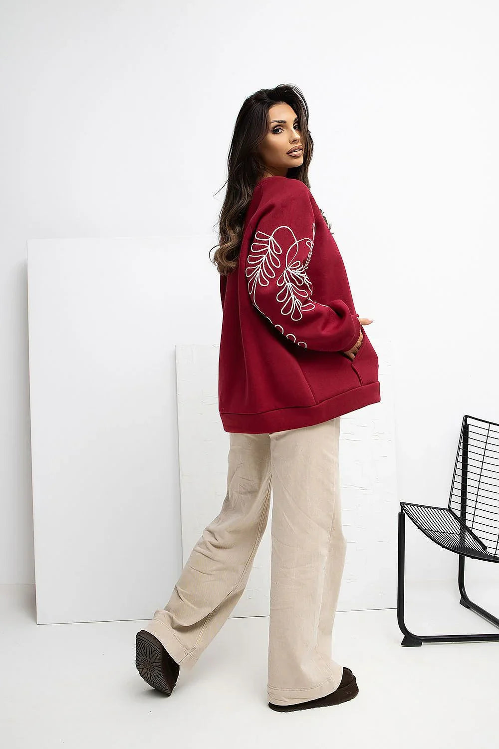 Women's sweatshirt Oversized Embroidered Kangaroo Pocket Crew Neck – view 14
