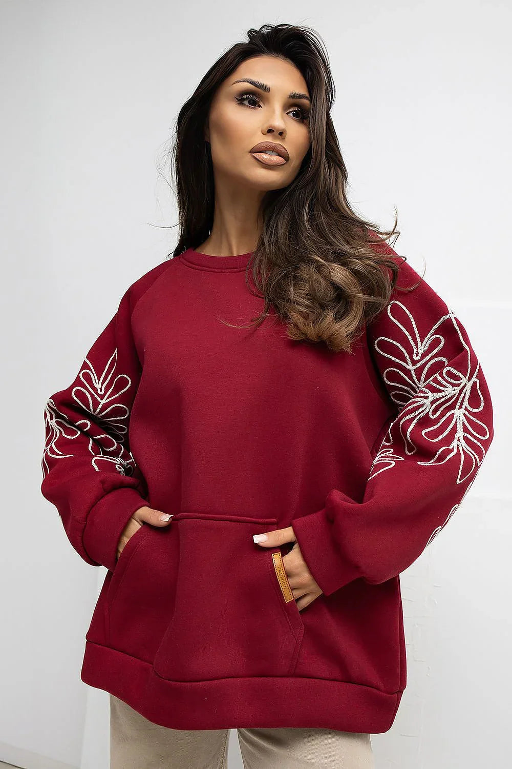 Women's sweatshirt Oversized Embroidered Kangaroo Pocket Crew Neck – view 15