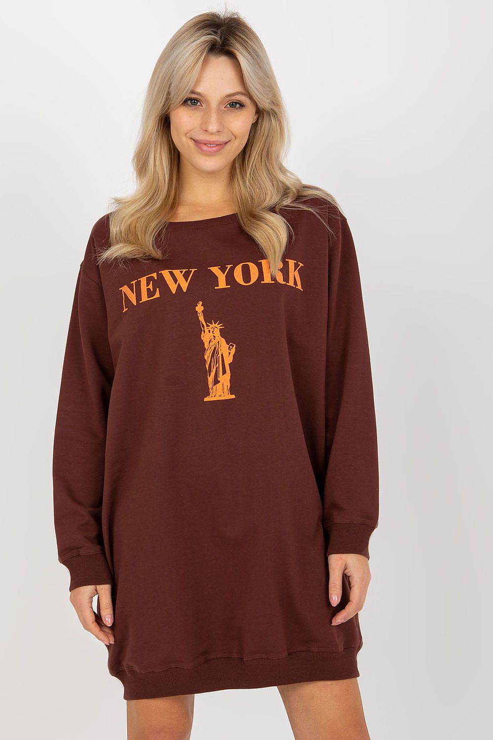 Women's sweatshirt brown oversized longline print front view