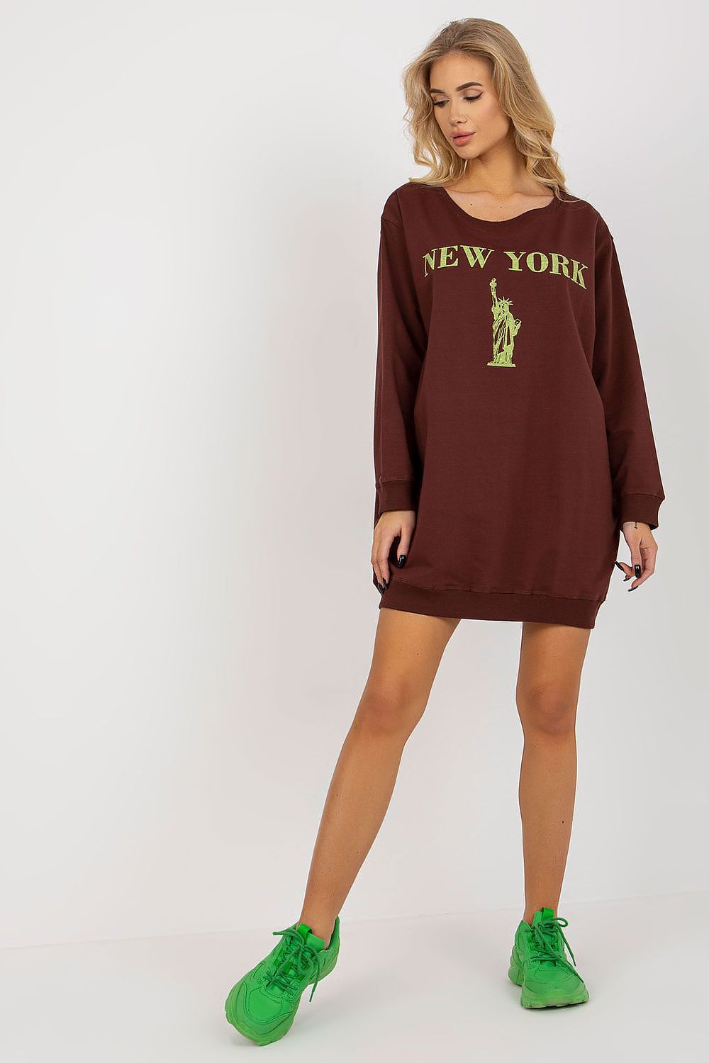 Women's sweatshirt brown printed crew neck front view