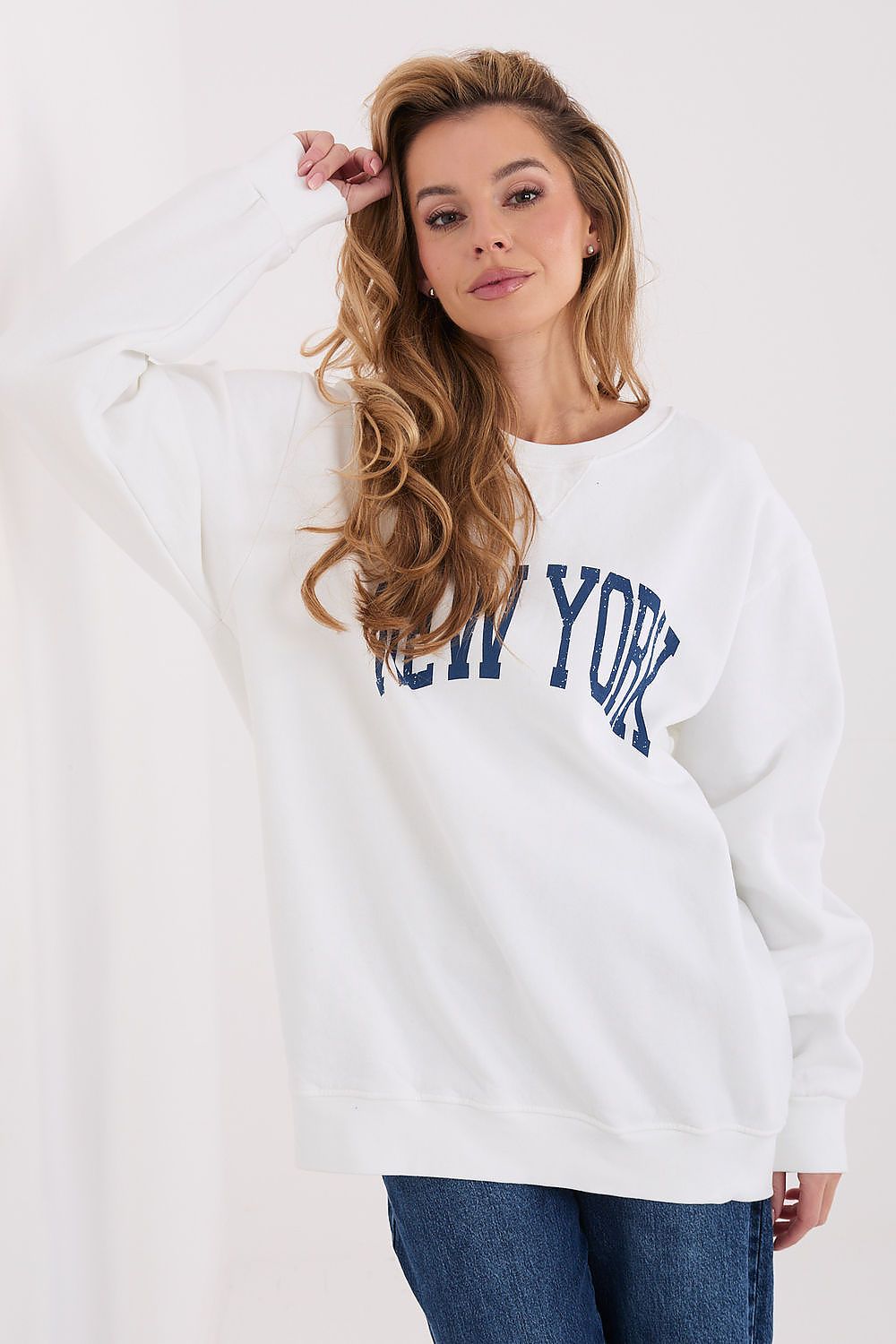 Women's sweatshirt beige slogan print crew neck front view