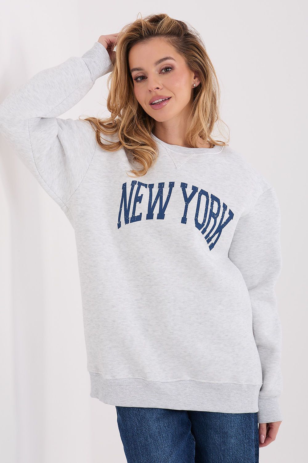 Women's sweatshirt grey slogan print crew neck front view