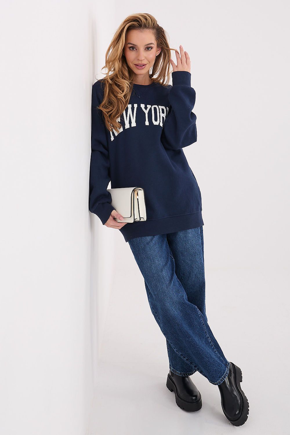 Women's sweatshirt navy slogan print crew neck front view