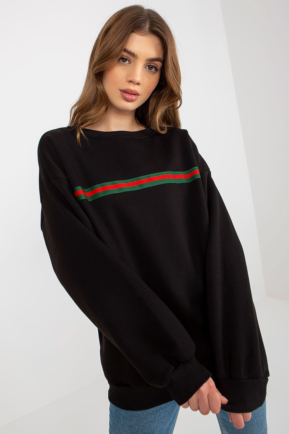 Women's sweatshirt black striped crew neck front view