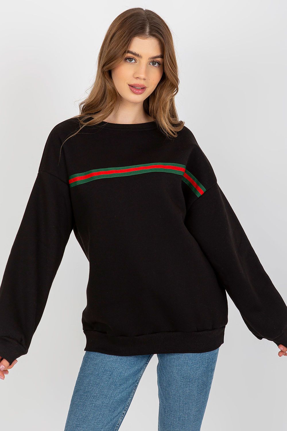 Women's sweatshirt black striped crew neck detail view