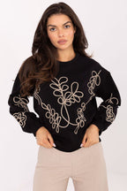 Women's sweatshirt black crew neck subtle embroidery front view
