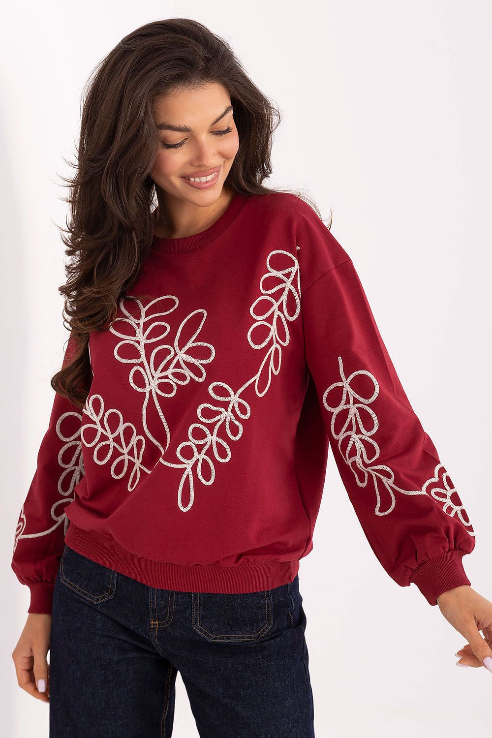 Women's sweatshirt red crew neck subtle embroidery front view