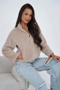 Women's sweatshirt beige teddy fleece full zip front view
