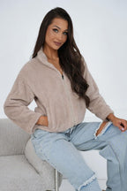 Women's sweatshirt beige teddy fleece full zip front view