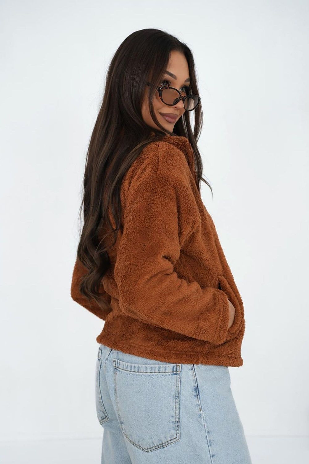 Women's sweatshirt brown zip-up casual view